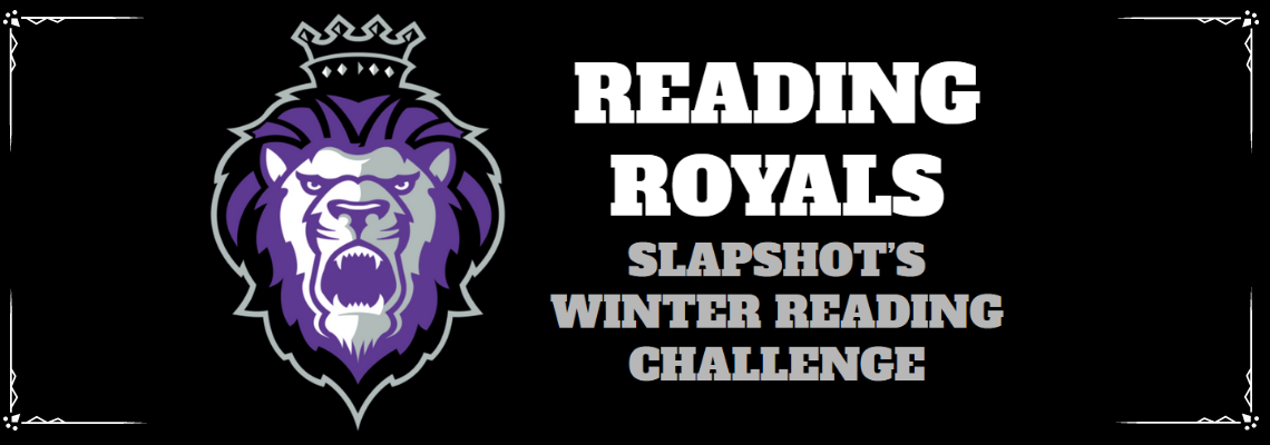 Reading Royals Slapshot's winter reading challenge, Reading Royals logo, crowned purple lion on a black field.