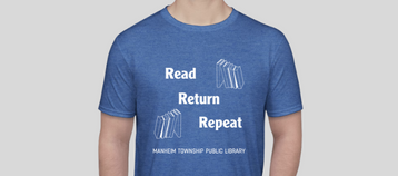 Person wearing blue t-shirt, Love your library logo
