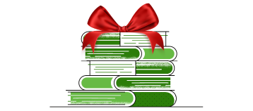 Stack of green and white books with red bow